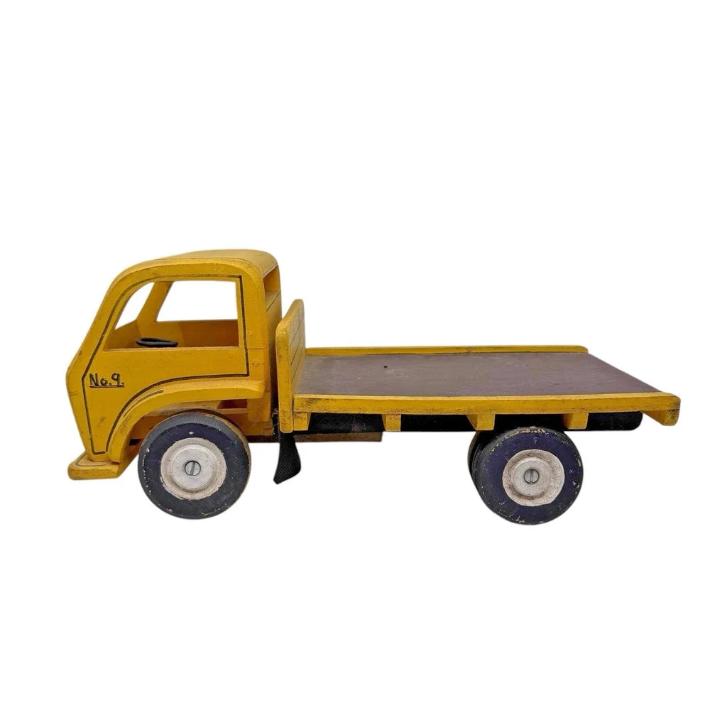 Vintage 1950s Handmade Wooden Ford No.9 Flatbed Toy Truck Yellow Missing Wheel